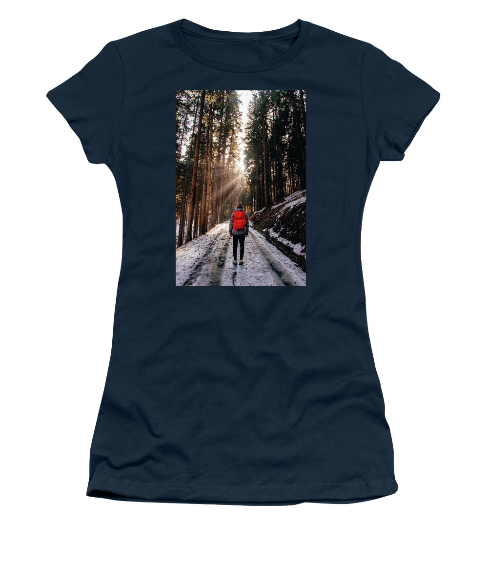 Explorer Women's T-Shirt featuring the photograph Rays of the sun streak through the forest by Vaclav Sonnek