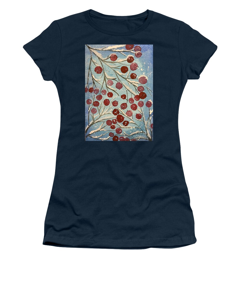 Red Berries Women's T-Shirt featuring the painting Red Berries in Snow by Lisa Neuman