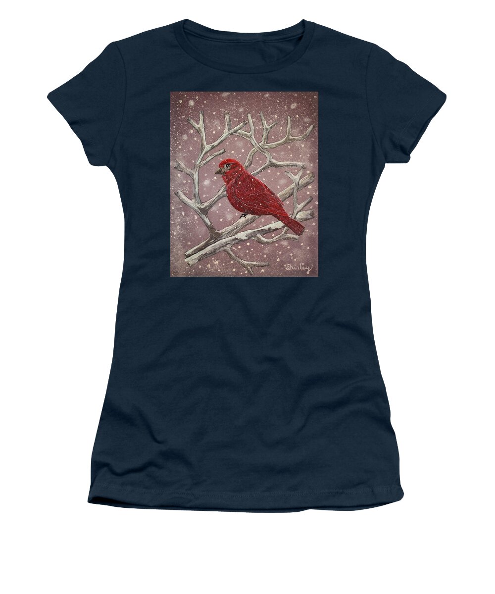 Bird Women's T-Shirt featuring the painting Winter Red Bird by Shirley Dutchkowski