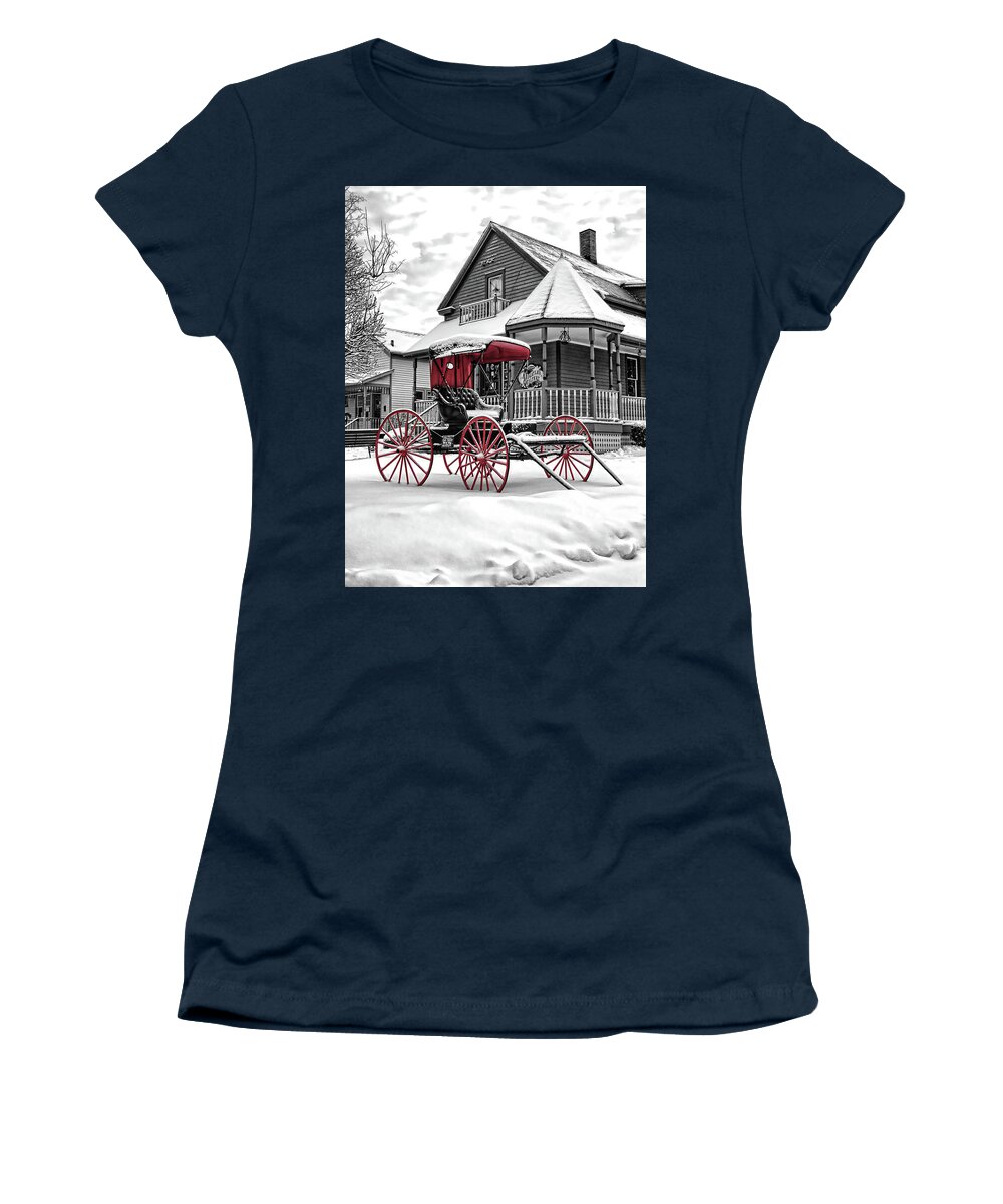 Horse Drawn Carriage Women's T-Shirt featuring the photograph Red Buggy At Olmsted Falls - 2 by Mark Madere