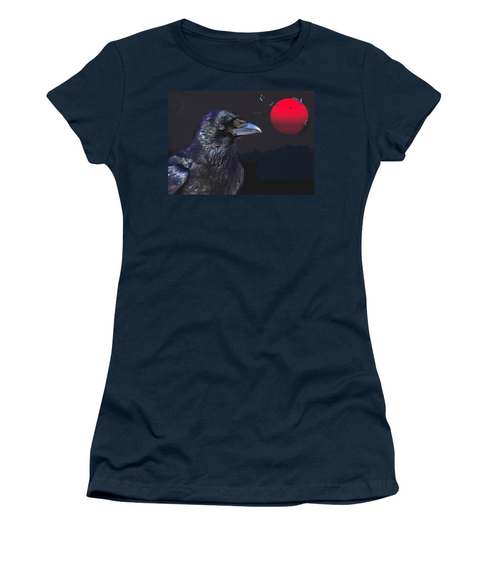 Raven Women's T-Shirt featuring the digital art Red Moon Raven by Theresa Tahara