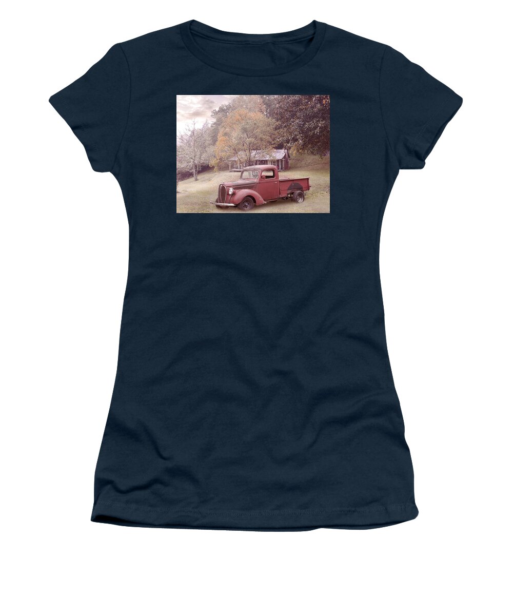 Truck Women's T-Shirt featuring the photograph Red PIckup Truck at the Farmhouse by Debra and Dave Vanderlaan