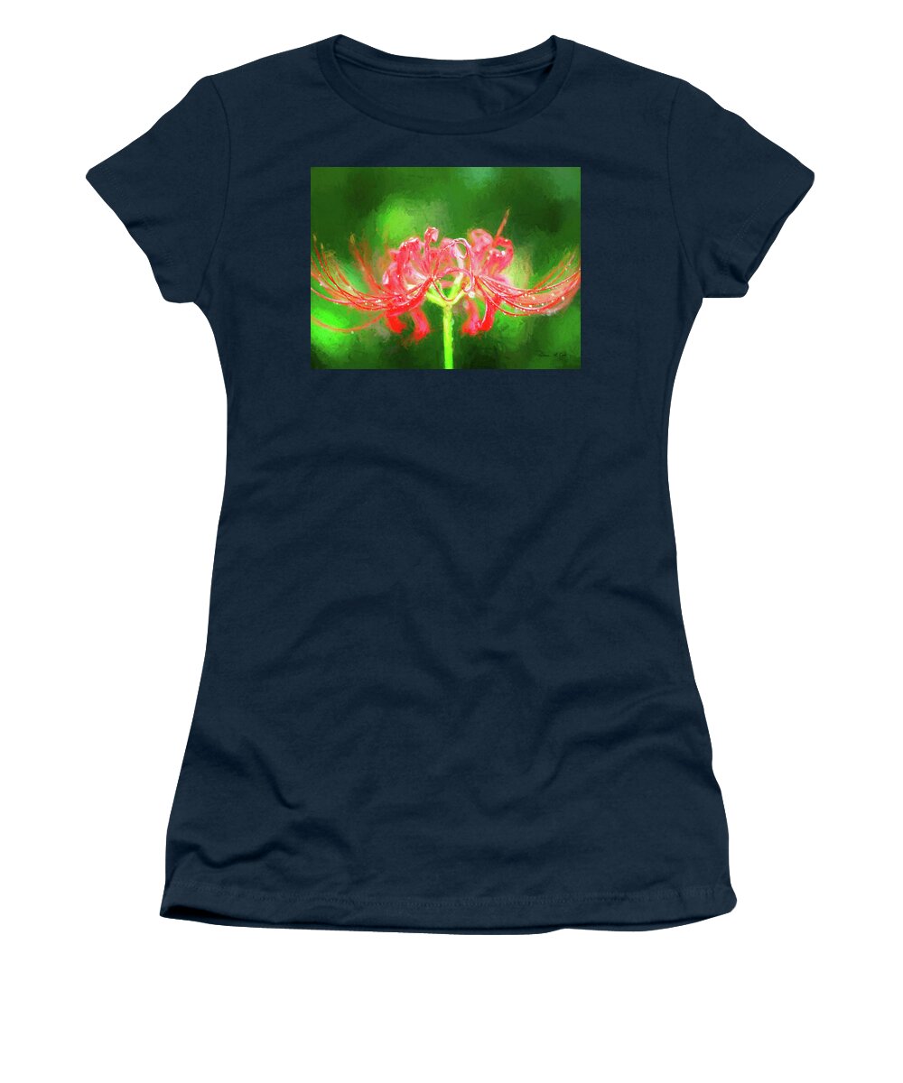 Red Spiderlily In Rain Women's T-Shirt featuring the photograph Red Spider Lily in Rain by Bellesouth Studio