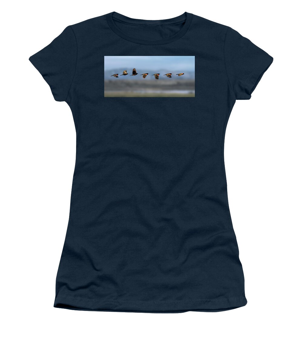 Red Winged Black Bird Women's T-Shirt featuring the photograph Red Winged Black Bird Flight Sequence by Rick Mosher