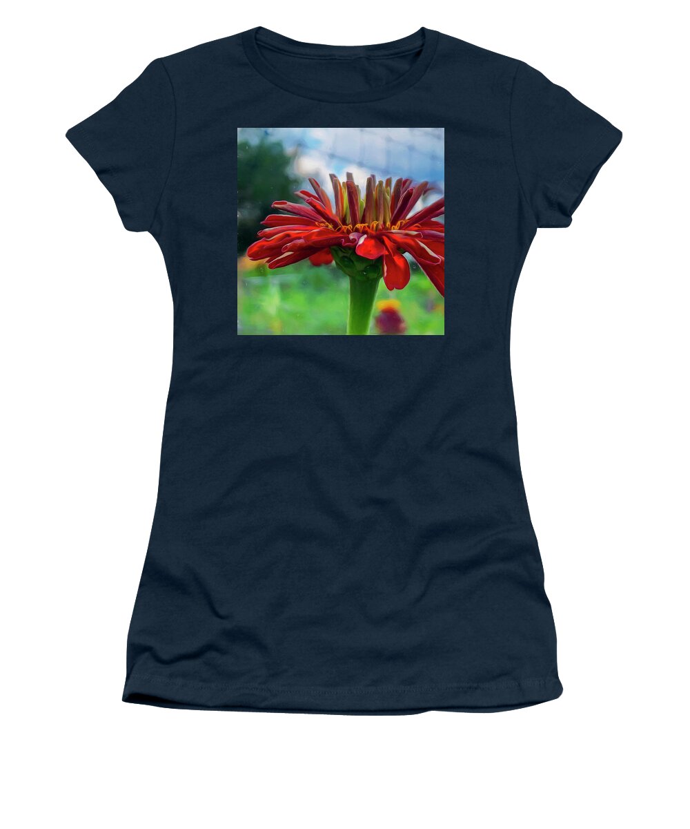  Women's T-Shirt featuring the mixed media Red Zinnia by Cindy Greenstein