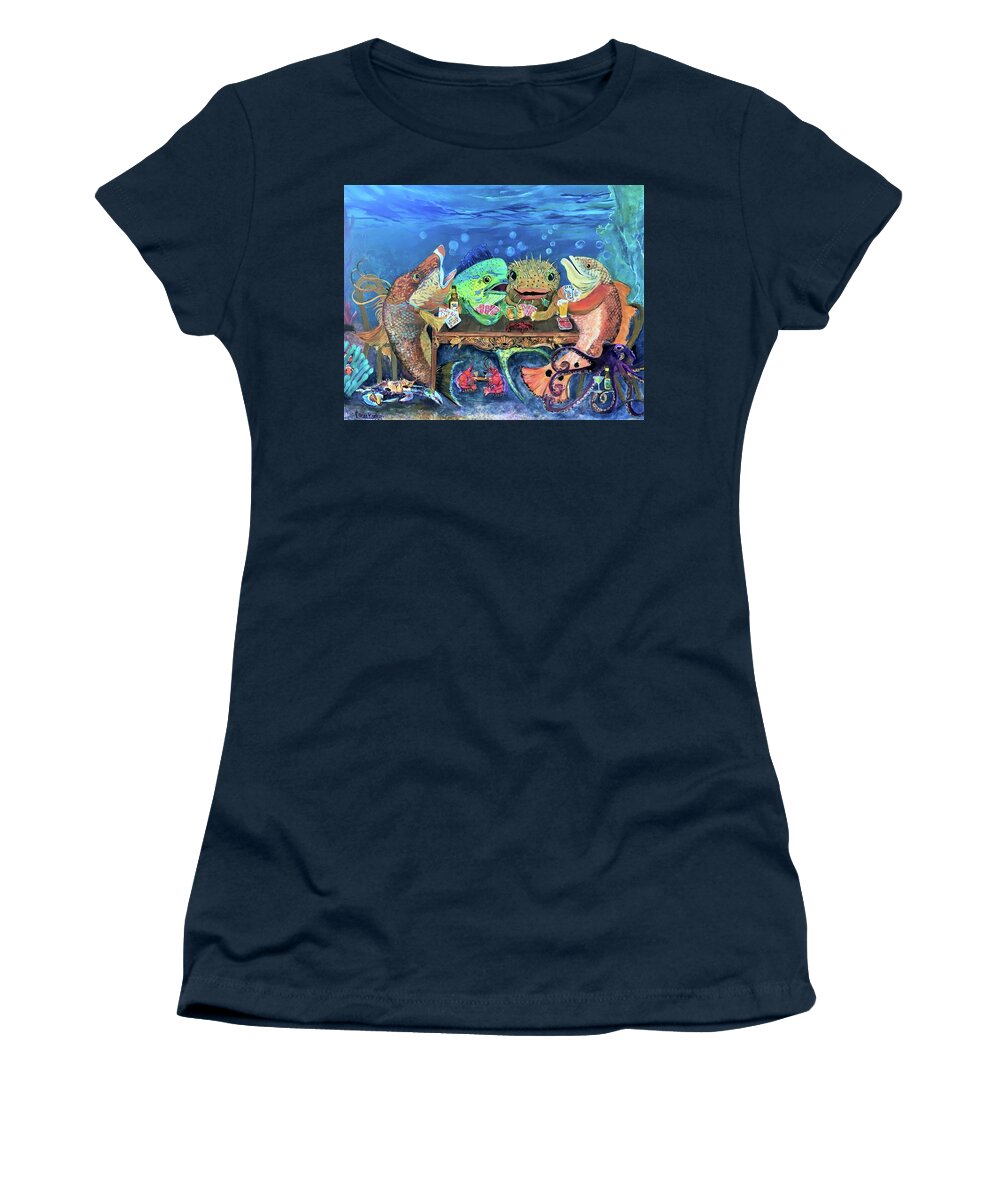 Redfish Women's T-Shirt featuring the painting Redfish Poker Time at the Reef Bar by Linda Kegley