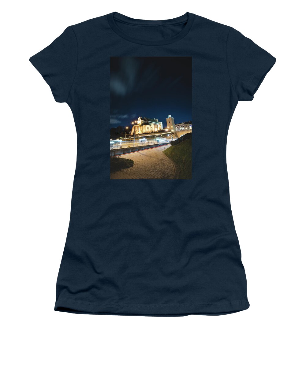 Rynek Women's T-Shirt featuring the photograph Religious, Christmas Warsaw at the lighting of Solidarnosci Street. by Vaclav Sonnek
