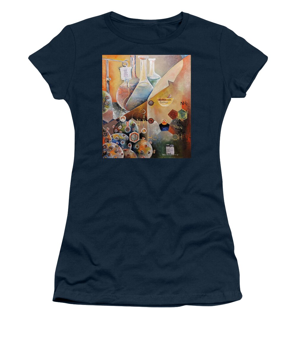 Abstract Women's T-Shirt featuring the painting Remdesivir and the Pharmacist's Role in the COVID-19 Pandemic by Obi-Tabot Tabe