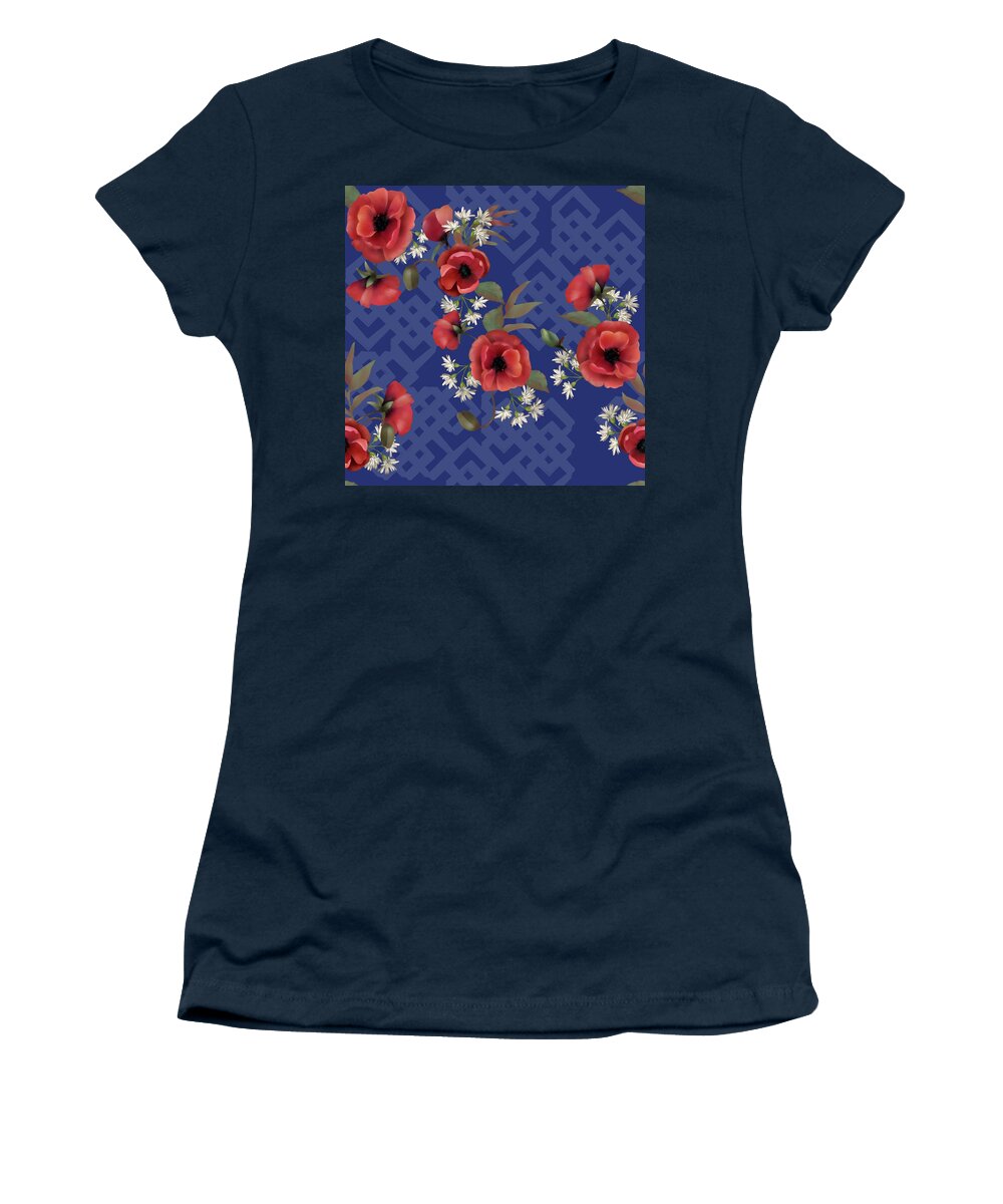 Poppies Women's T-Shirt featuring the digital art Remembrance Blue Floral by Sand And Chi