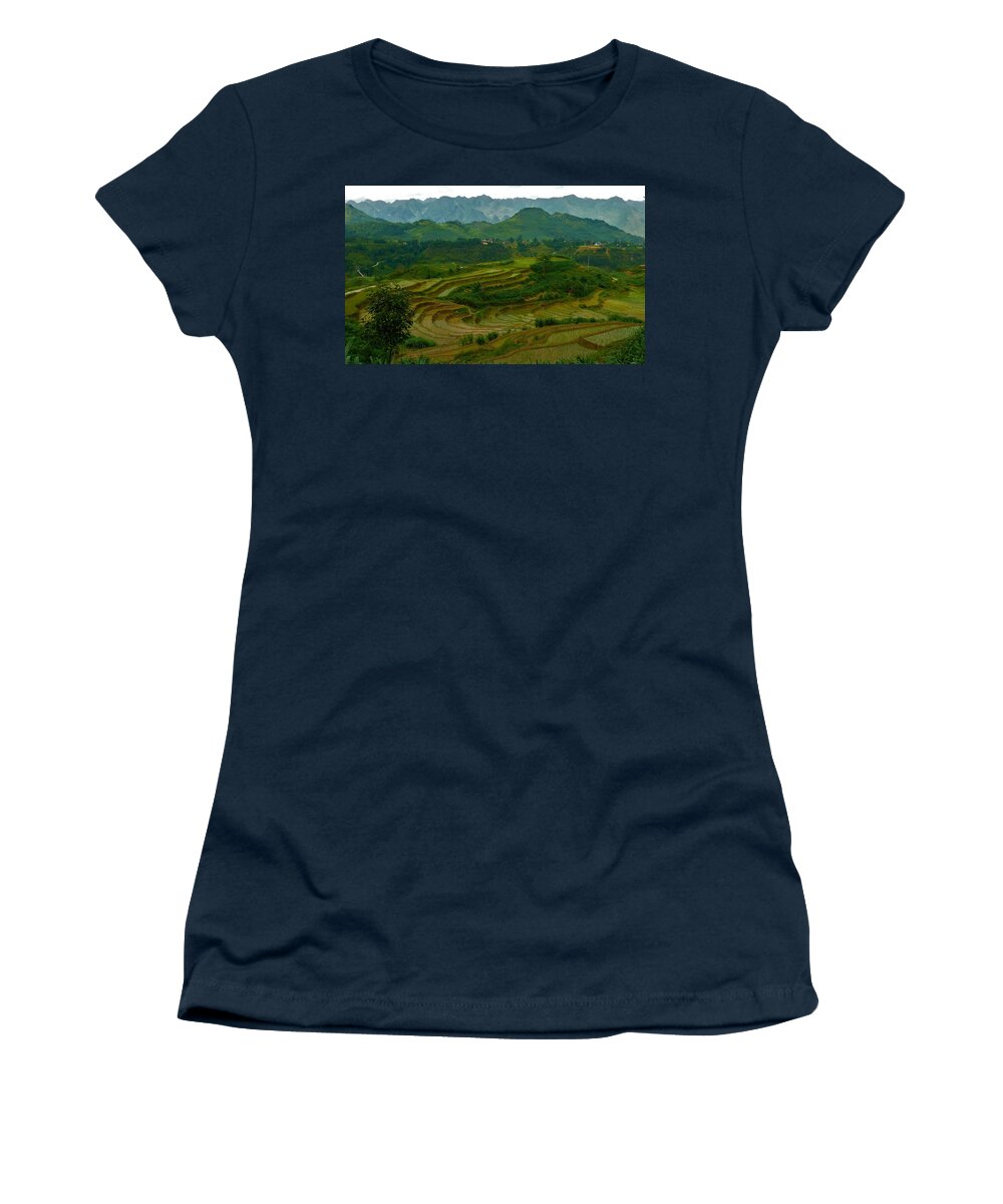 Rice Fields Women's T-Shirt featuring the photograph Rice fields and mountains, Vietnam by Robert Bociaga