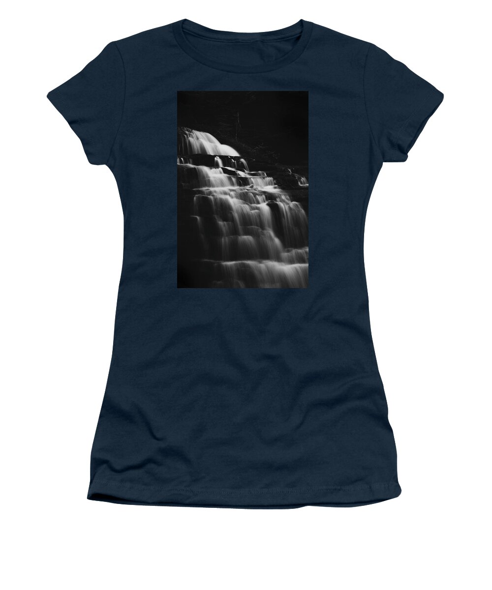 Ricketts Glen Waterfall Black And White Smooth Women's T-Shirt featuring the photograph Ricketts Glen Waterfall Black And White Smooth by Dan Sproul