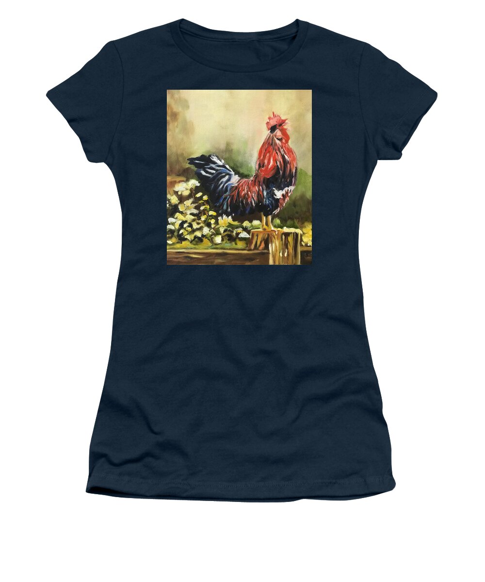 Colorful Rooster Women's T-Shirt featuring the painting Rise and Shine by Juliette Becker