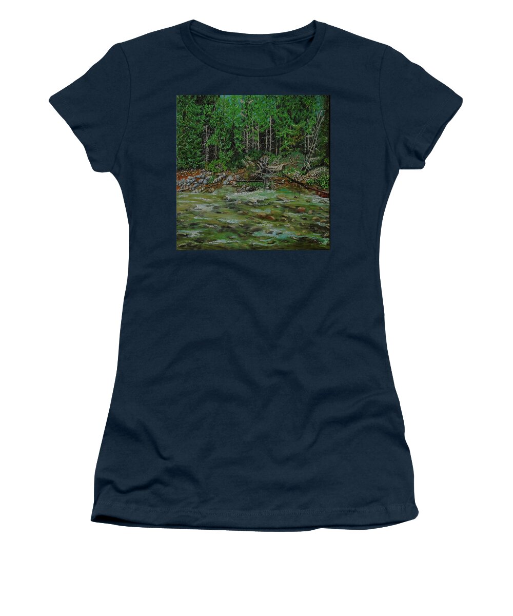Landscape Oil Painting Natural Wild Peacefull Outside Wet Foam Stream By The River Reflections Water Aqua River Sand Modern Comb Shimmer Pine Needle In Bloom Deciduous Tree Forest Leaf Woodland Trees Tranquil Botanical Plant Realism Nature Floral Rocks Stones Mysterious Pristine Wild Sunlight Sunny Summer Vacations Sky Travel Poland Explore Stone Texture Derail Focus On Stone Scenery Women's T-Shirt featuring the painting River by Maria Woithofer