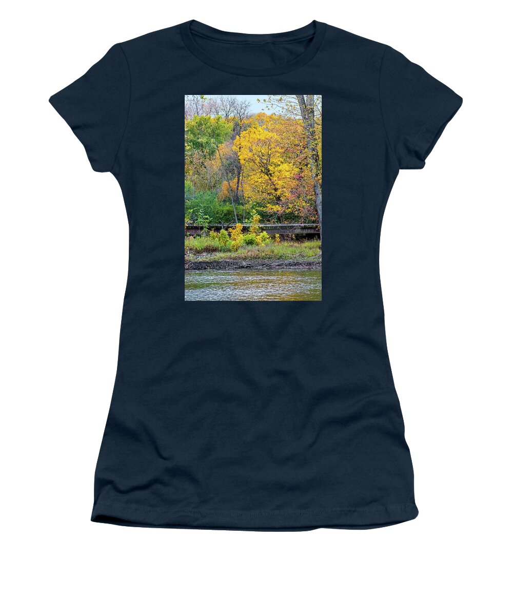 Autumn Women's T-Shirt featuring the photograph River, Rails and Trees by Ira Marcus