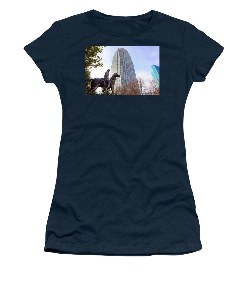 Winston Salem Women's T-Shirt featuring the photograph RJ Reynolds Statue and Wells Fargo Building 0494 by Jack Schultz