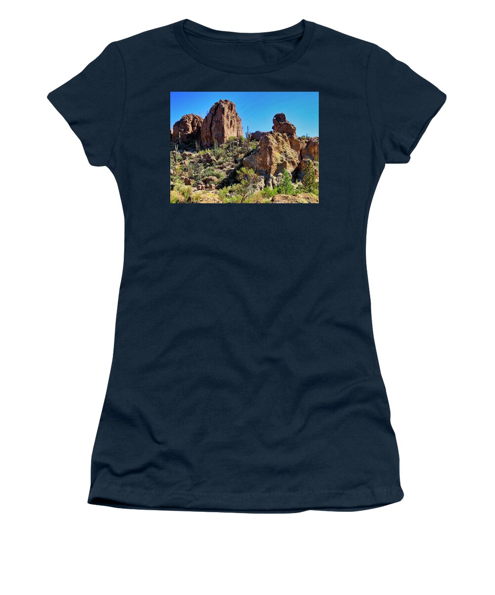 Arboretum Women's T-Shirt featuring the photograph Rocky HIghrises in the Sonoran Desert by Judy Kennedy