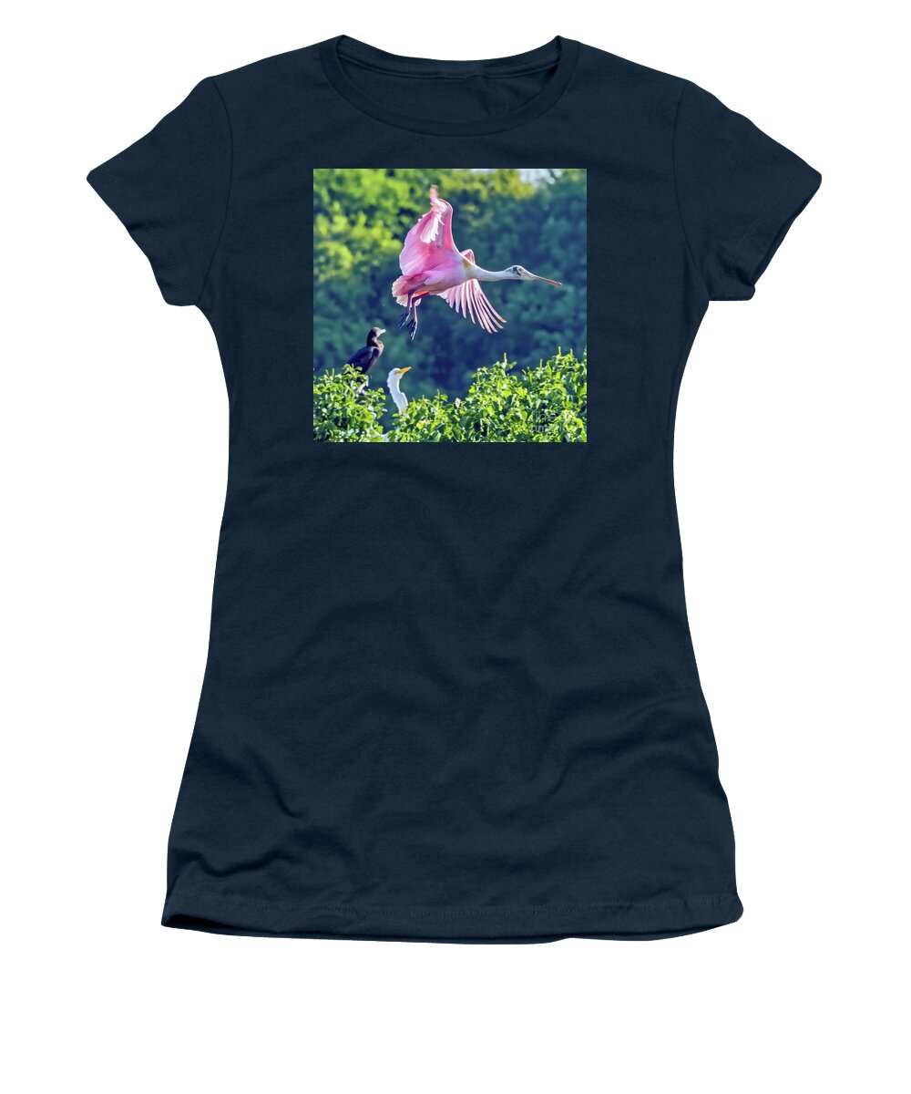 Bird Women's T-Shirt featuring the photograph Roseate Spoonbill in Flight by Tom Watkins PVminer pixs
