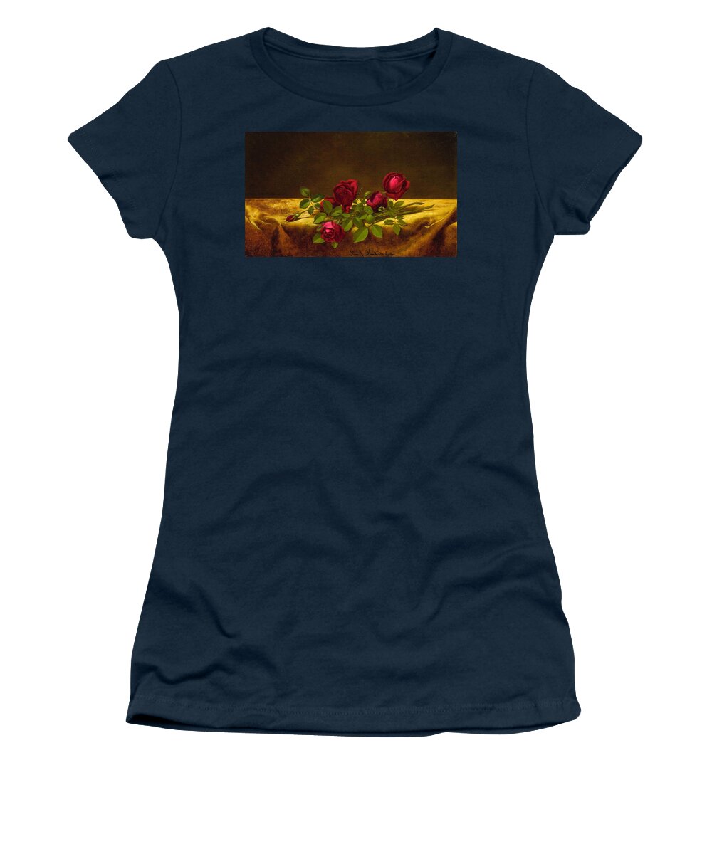 Martin Johnson Heade Women's T-Shirt featuring the painting Roses lying on gold Velvet by Martin Johnson Heade