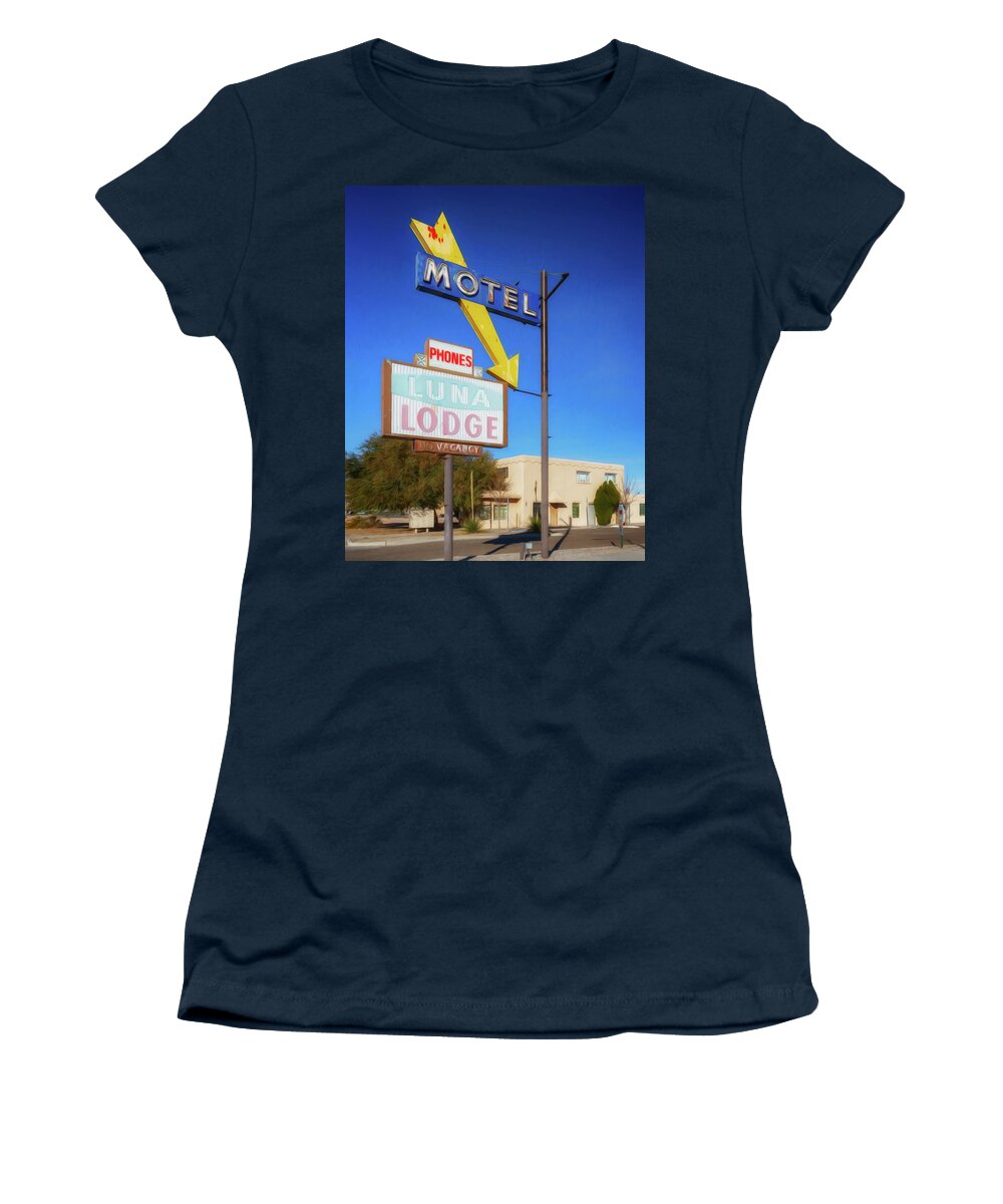 Route 66 Women's T-Shirt featuring the photograph Route 66 - Luna Lodge - Albuquerque by Susan Rissi Tregoning