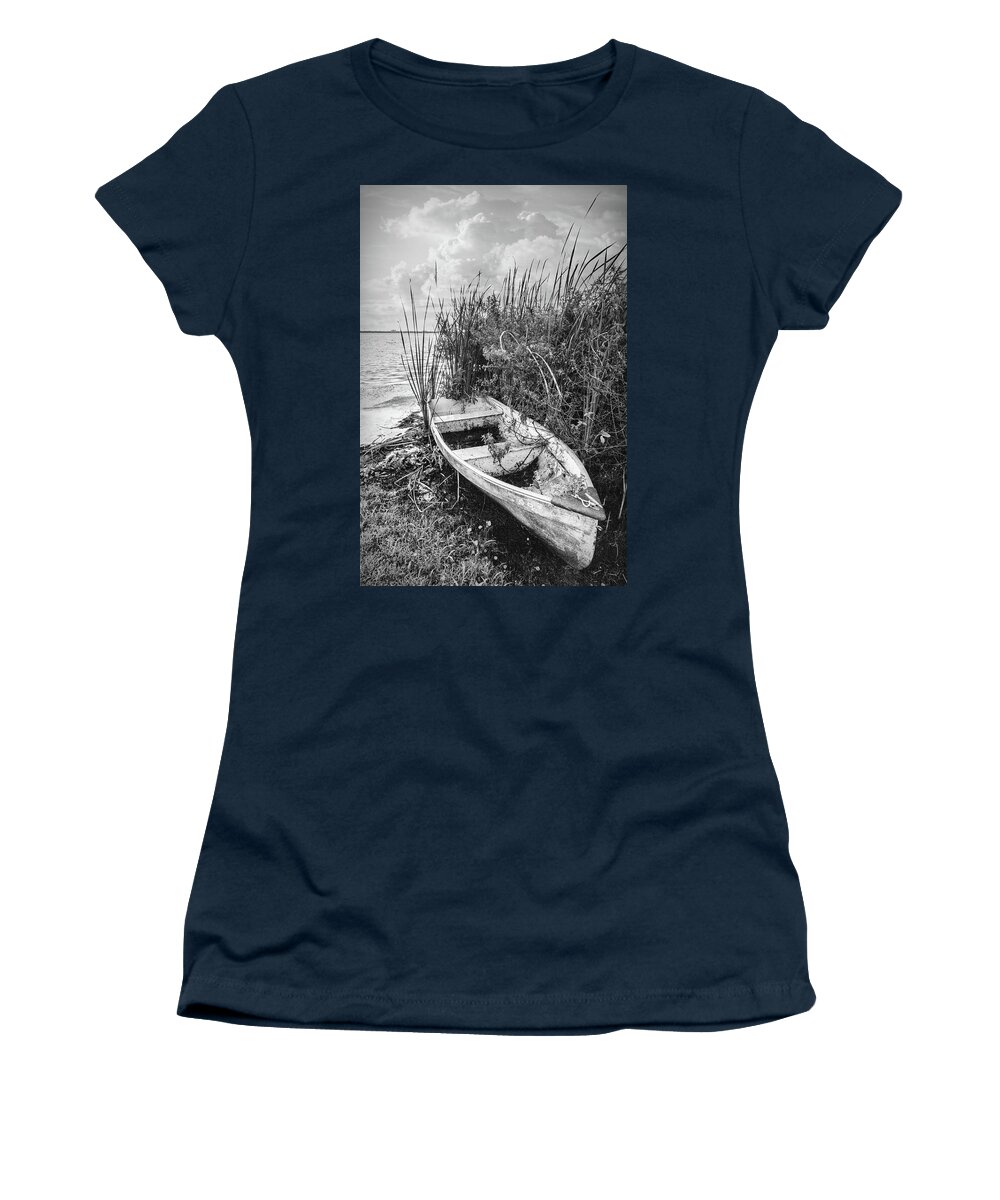 Boats Women's T-Shirt featuring the photograph Rowboat in the Marsh in Black and White by Debra and Dave Vanderlaan