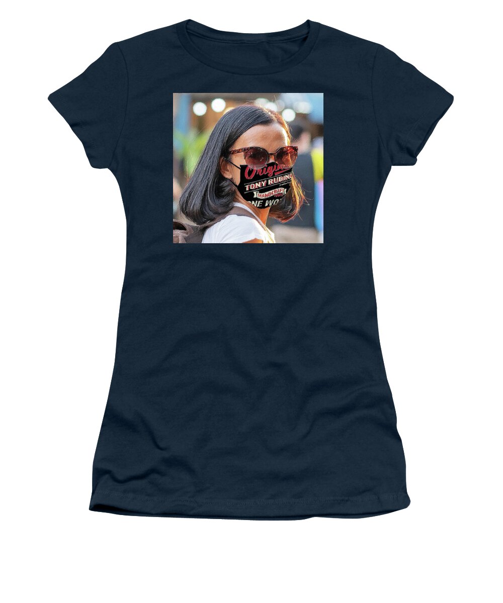 Adventure Women's T-Shirt featuring the painting Rubino Tourists girls wearing face masks ar street. Happy travel of wom by Tony Rubino