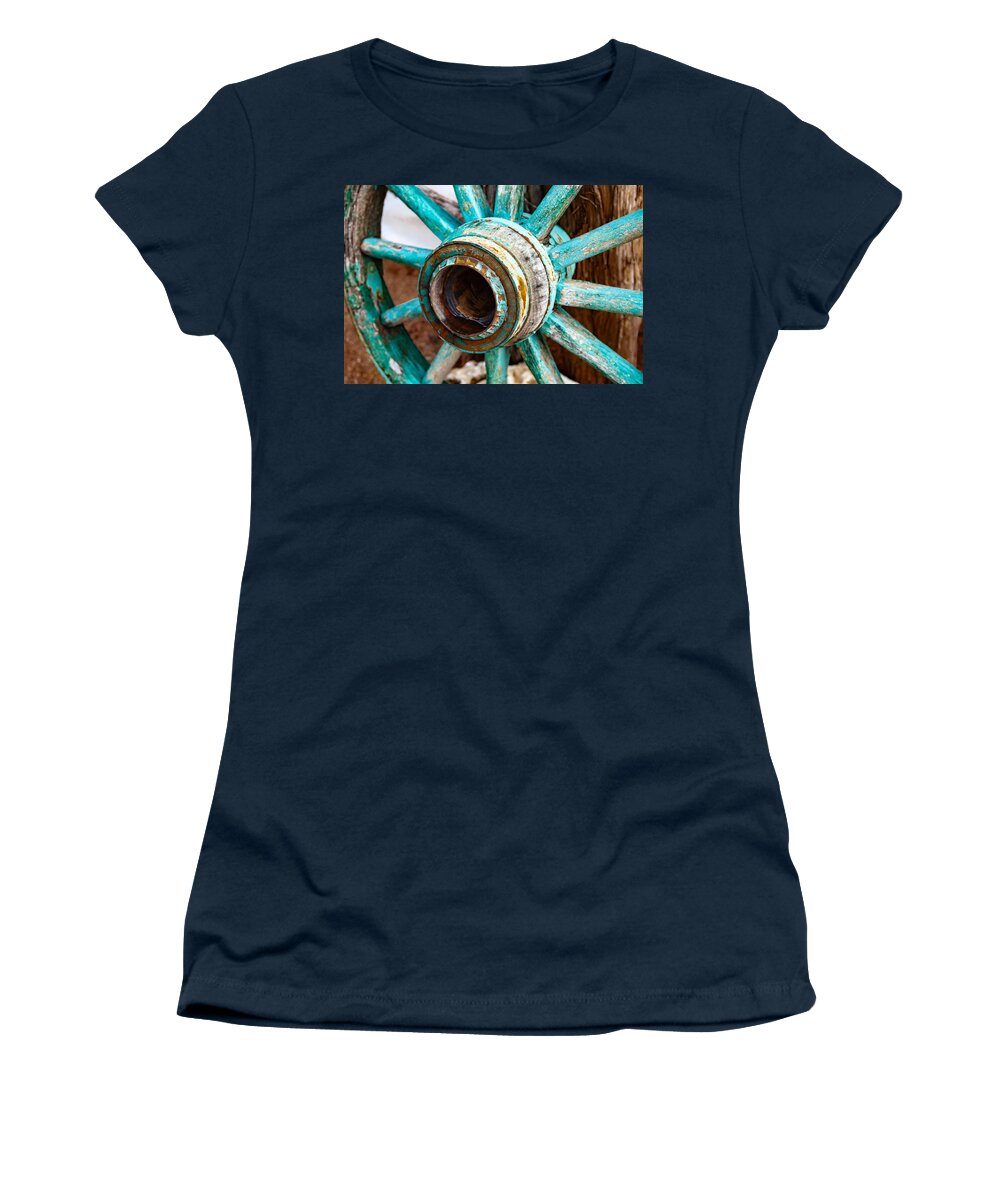 Antique Women's T-Shirt featuring the photograph Rustic Vintage Turquoise Wagon Wheel by Melinda Ledsome