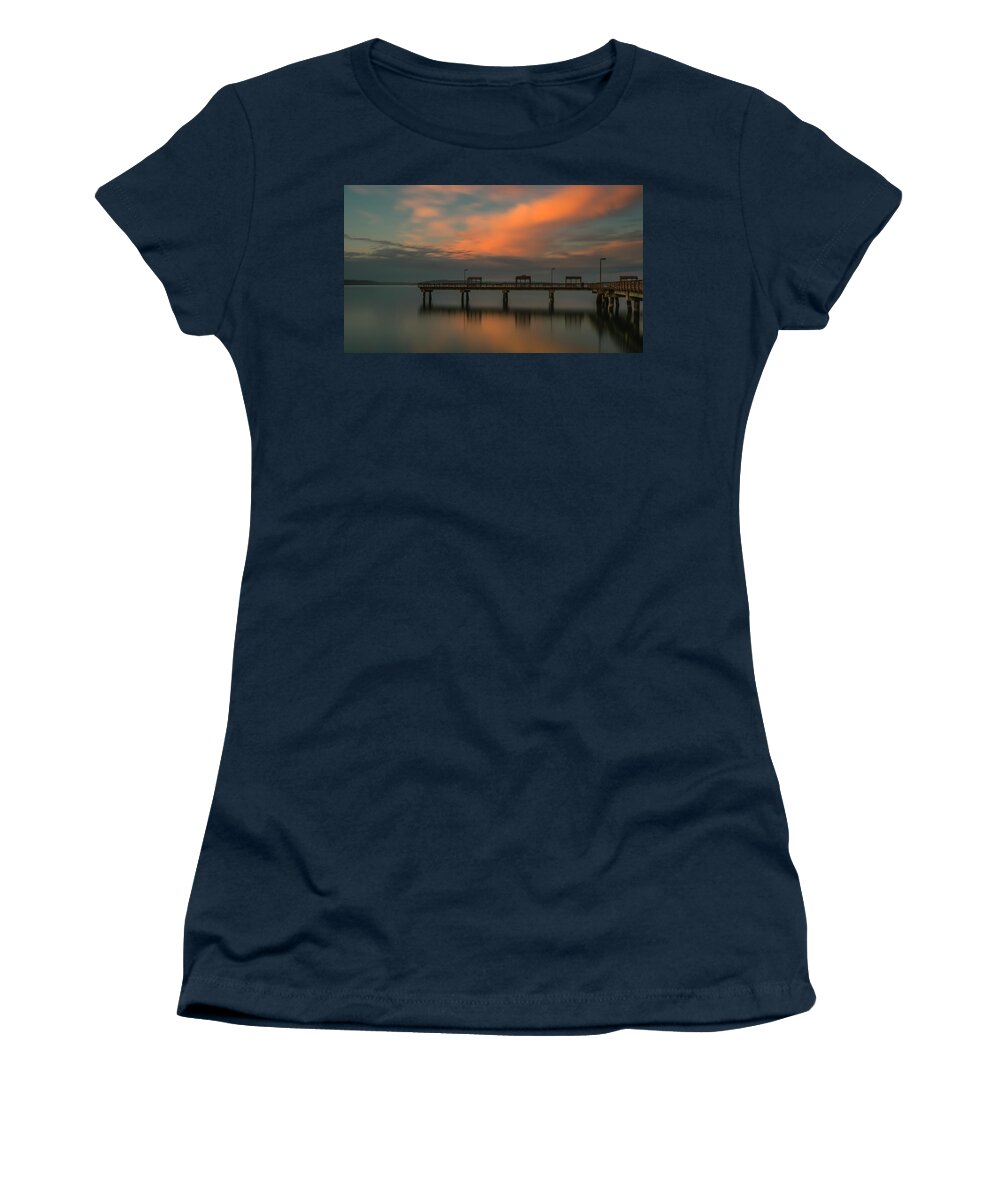 Puget Sound Women's T-Shirt featuring the photograph Ruston Boardwalk at Dusk by Ryan Manuel