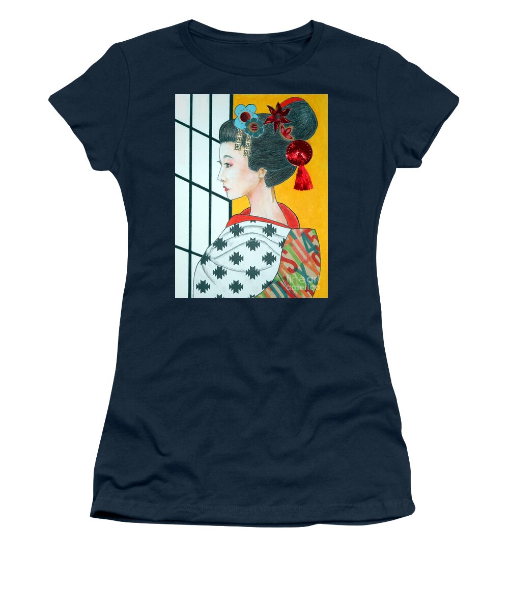 Geisha Women's T-Shirt featuring the mixed media Sachiko--Happiness by Jayne Somogy