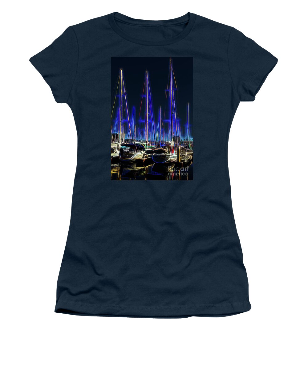 Sailboats Women's T-Shirt featuring the photograph Sailboats in Blue Night Glow with Reflections by Roslyn Wilkins