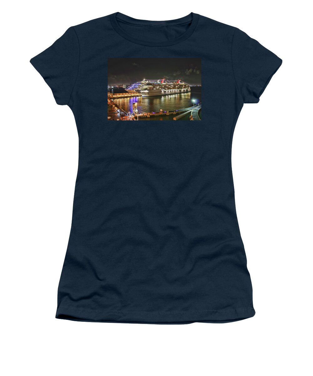 San Juan Women's T-Shirt featuring the mixed media San Juan Lights up with two Carnival Ships by Pheasant Run Gallery