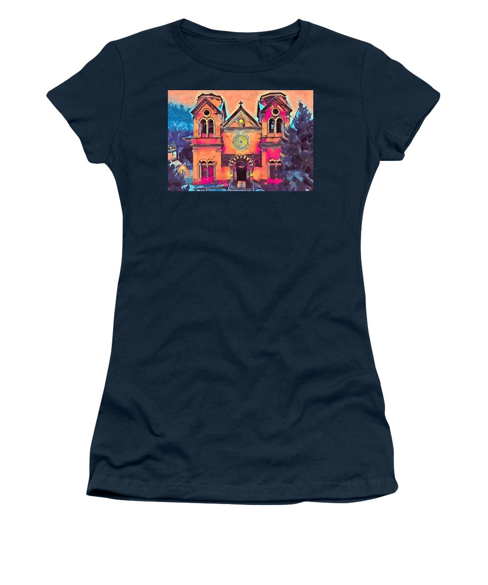 Church Women's T-Shirt featuring the digital art Santa Fe Cathedral #2 by Aerial Santa Fe
