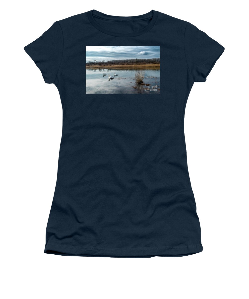 Abandoned Women's T-Shirt featuring the photograph Scenic Landscape With Swan And Abandoned Meander In The National Park Danube Wetlands In Austria by Andreas Berthold