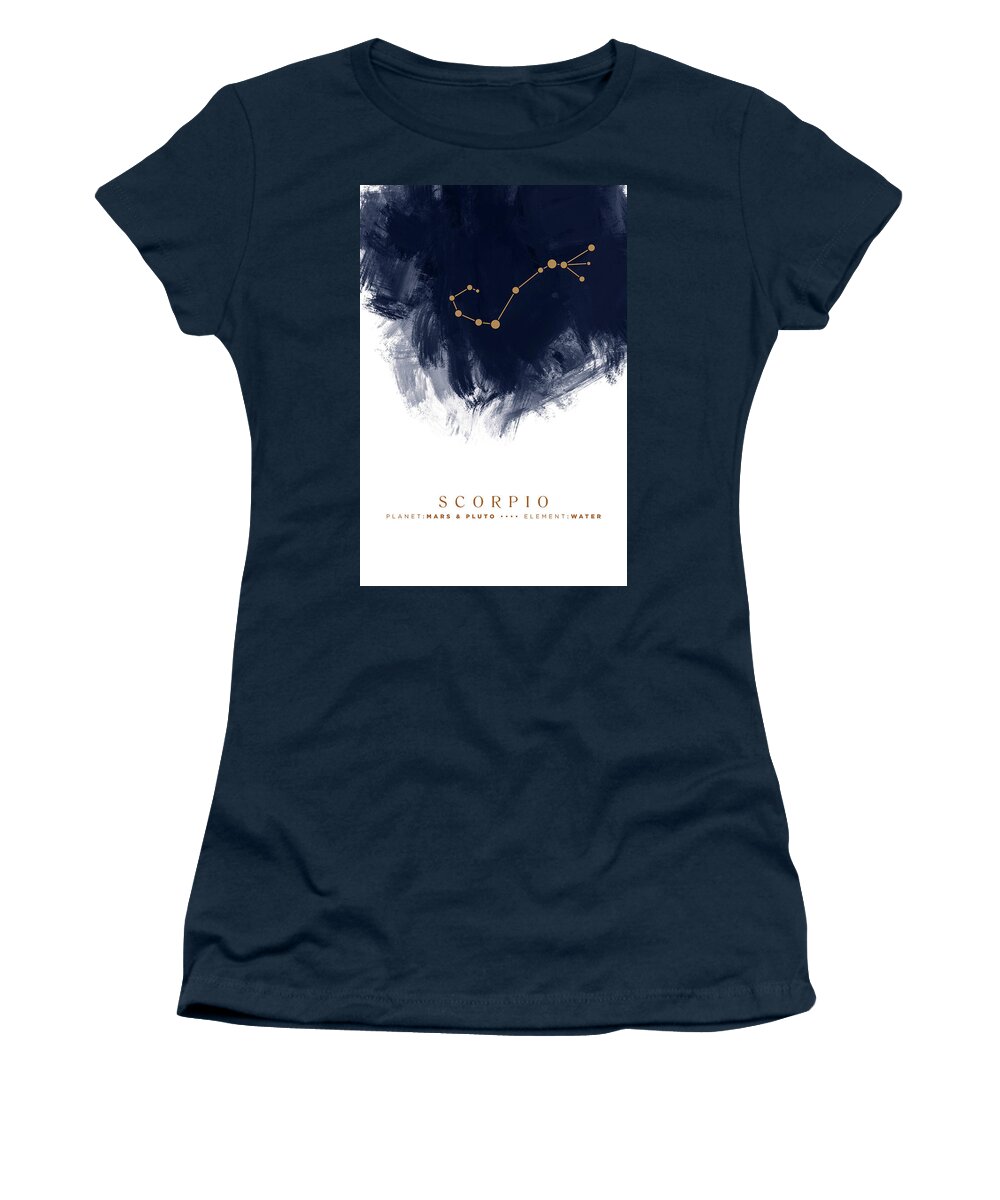 Scorpio Women's T-Shirt featuring the mixed media Scorpio Zodiac Sign - Minimal Print - Zodiac, Constellation, Astrology, Good Luck, Night Sky - Blue by Studio Grafiikka