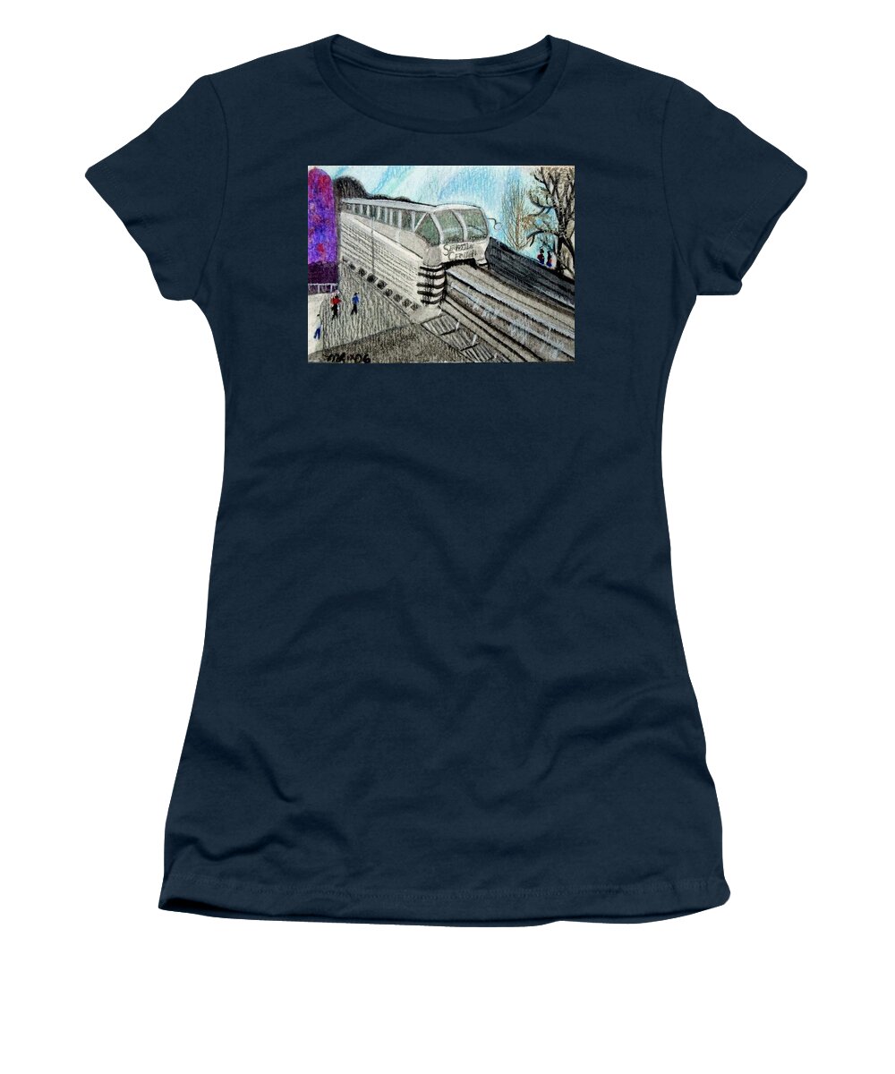 Seattle Women's T-Shirt featuring the drawing Seattle Monorail by Monica Resinger