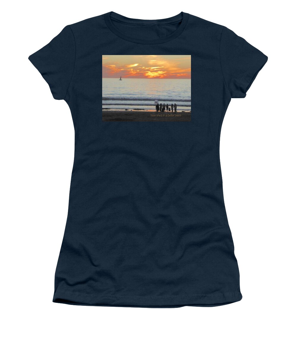 Ocean Water Sunset Orange Pink Blue Purple Black People Silhouettes Child Beach Blonde Sand Sailboat Waves Women's T-Shirt featuring the digital art She Is In A Better Place by Kathleen Boyles