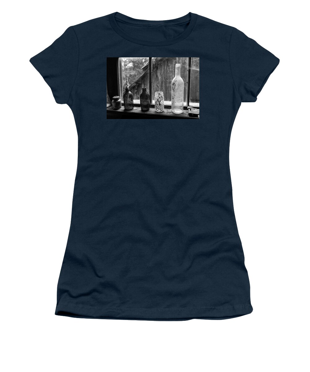 Bottles Women's T-Shirt featuring the photograph Shephard's Cabin Windowsill in Monochrome, Lyons Ranch by Rick Pisio