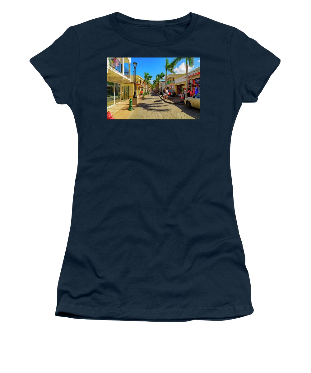 Trees; Travel; People; Color; Skies; Clouds Women's T-Shirt featuring the photograph Shopping in Saint Maarten by AE Jones