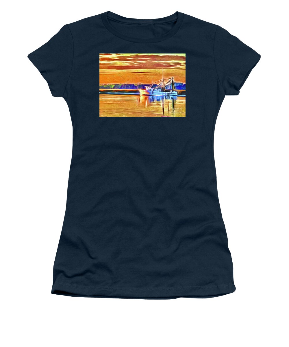  Women's T-Shirt featuring the digital art Shrimp boat at Sunrise by Michael Stothard