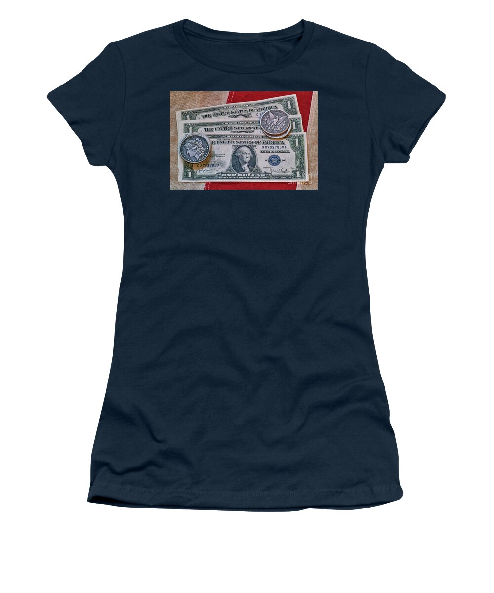 Silver Certificate And Silver Dollars On Flag Women's T-Shirt featuring the photograph Silver Certificate and Silver Dollars on Flag by Randy Steele