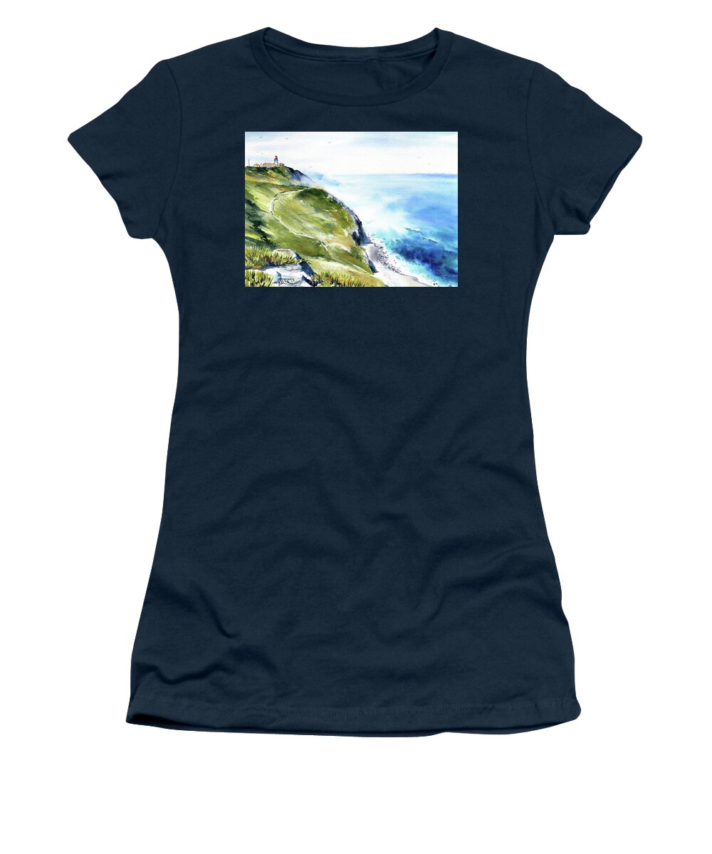 Portugal Women's T-Shirt featuring the painting Sintra Cabo Da Roca Lighthouse Portugal by Dora Hathazi Mendes