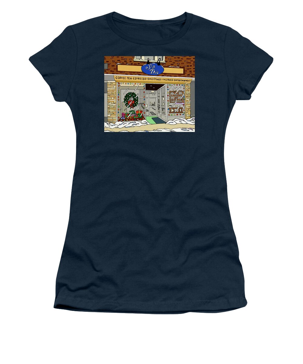 Sip This Coffee House Valley Stream Women's T-Shirt featuring the painting Sip This by Mike Stanko