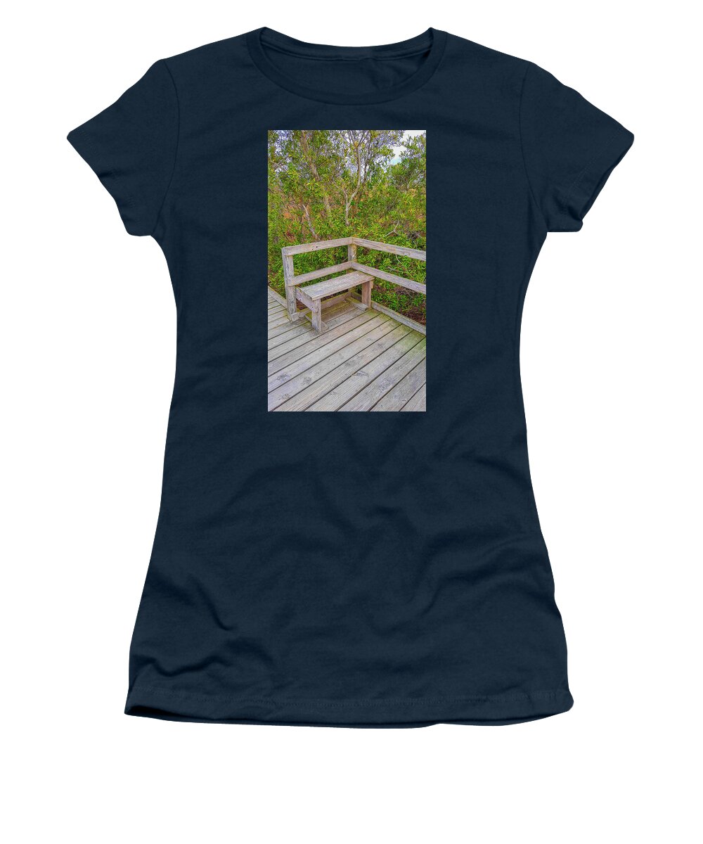 Bench Women's T-Shirt featuring the photograph Sit and Enjoy the Beauty of the Wetlands by Ola Allen