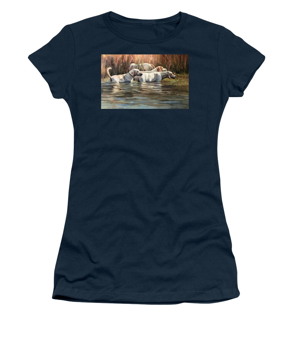 Hounds Dogs Painting Portrait Foxhounds Water Contemporary Women's T-Shirt featuring the painting Skinny Dipping by Susan Bradbury
