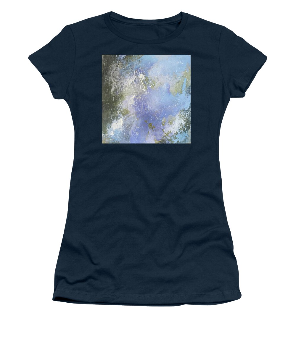 Purple Women's T-Shirt featuring the painting SKYFALL Abstract Landscape In Purple Blue Sage Green White Olive by Lynnie Lang