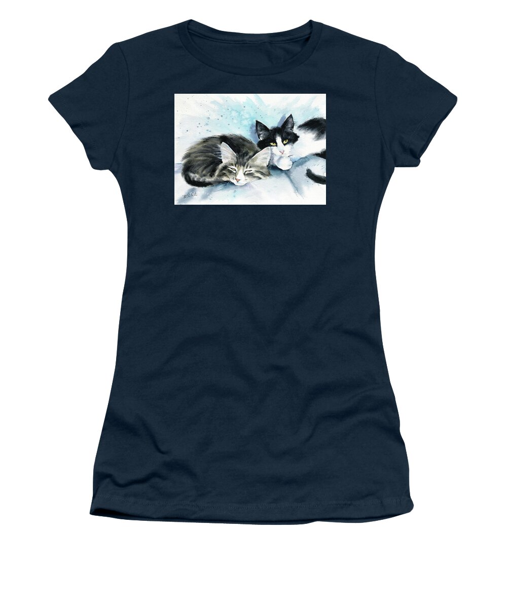 Cat Paintings Women's T-Shirt featuring the painting Sleepyheads Cat Painting by Dora Hathazi Mendes