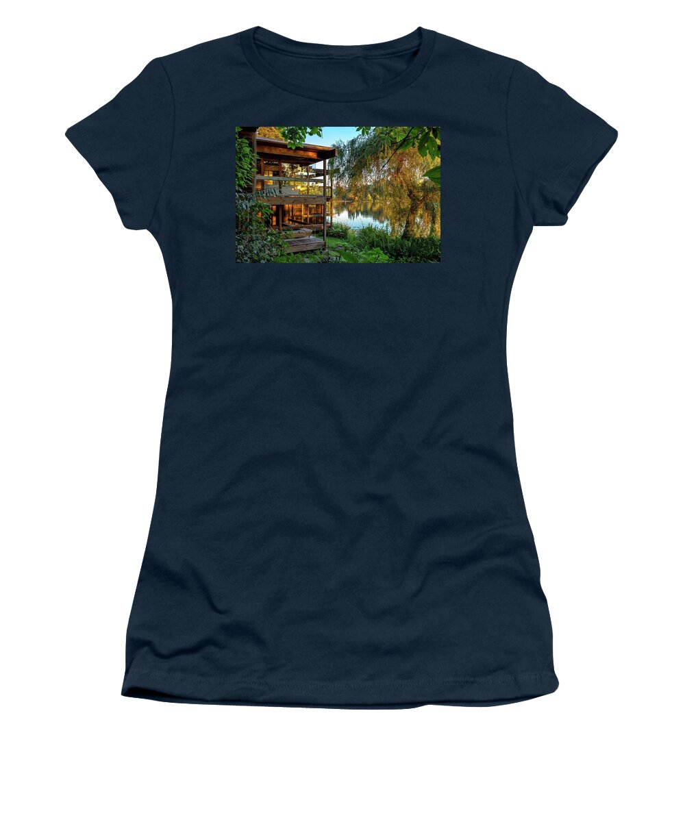 Alex Lyubar Women's T-Shirt featuring the photograph Small Lonely House at the Forest Lake by Alex Lyubar