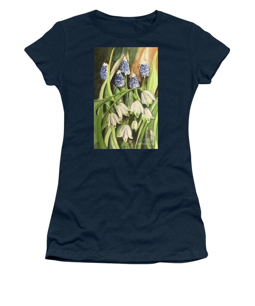 Spring Women's T-Shirt featuring the painting Snow bells and blue bells by Sonia Mocnik