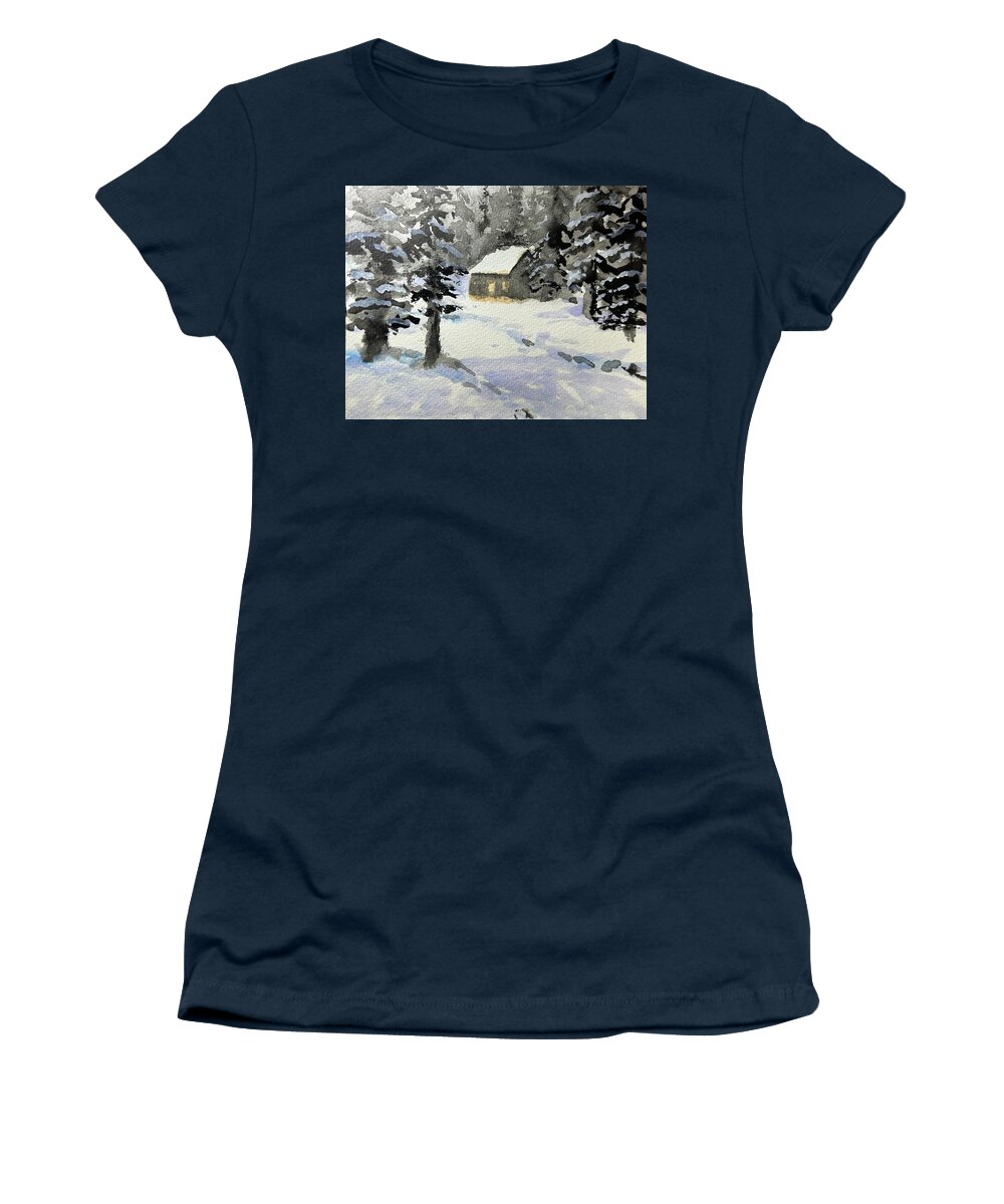 Watercolor Women's T-Shirt featuring the painting Snow Cottage by Larry Whitler