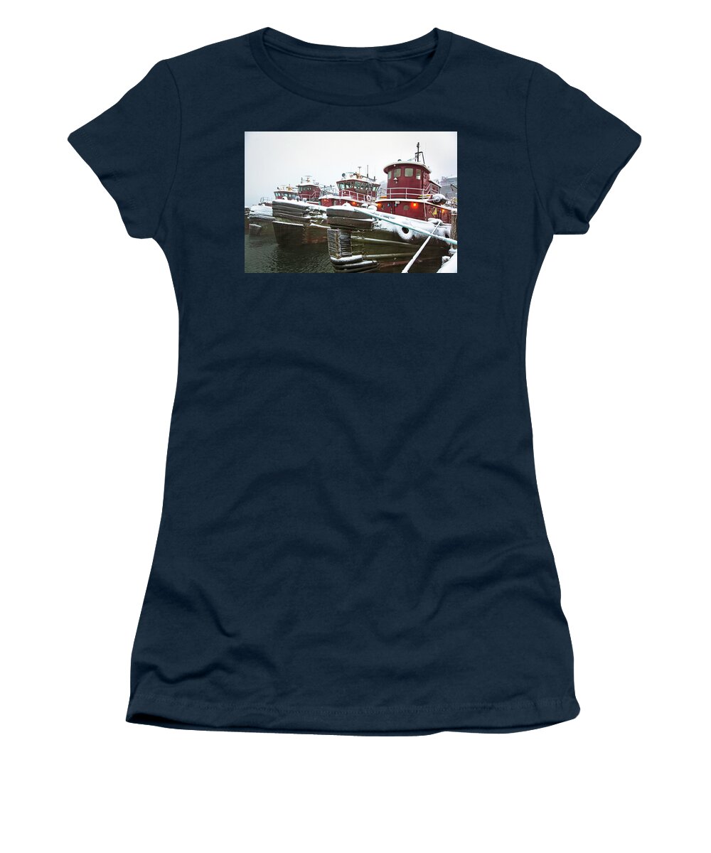 Snow Women's T-Shirt featuring the photograph Snow Covered Tugboats by Eric Gendron