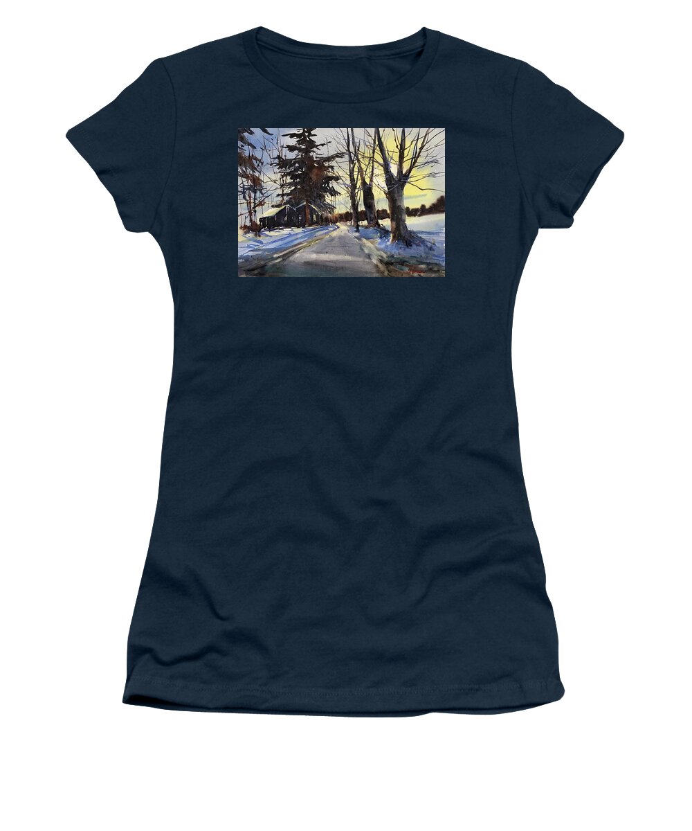Landscape Women's T-Shirt featuring the painting Snow Glow on Thomas Road by Judith Levins